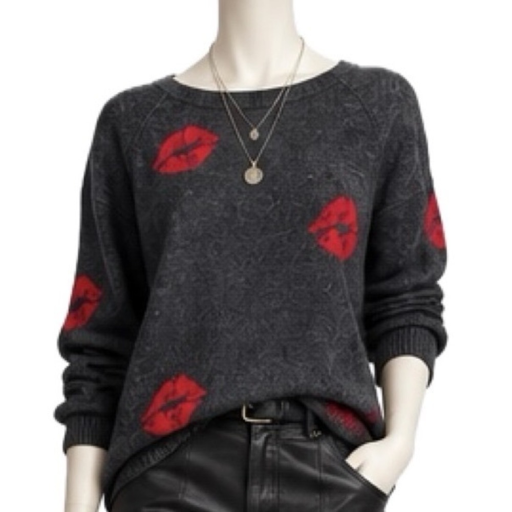 BRODIE 100% Cashmere Kisses Red Lips Gray Sweater | Women's L